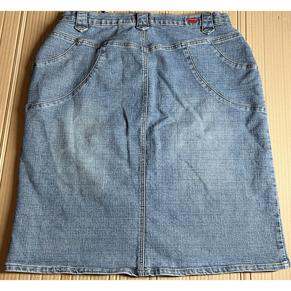 Vtg London Blue Vigoss Jean Skirt Size 1X Blue Denim Lace Up Front Slits Pockets - Picture 12 of 16